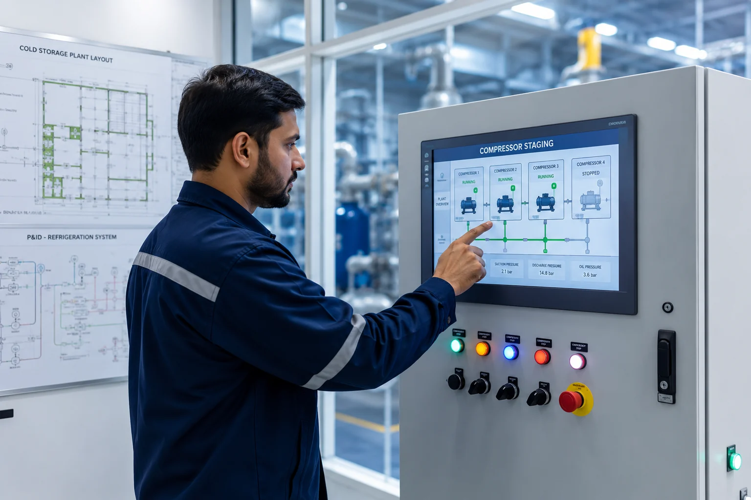 Refrigeration control panel managing compressor staging in an industrial cold storage plant