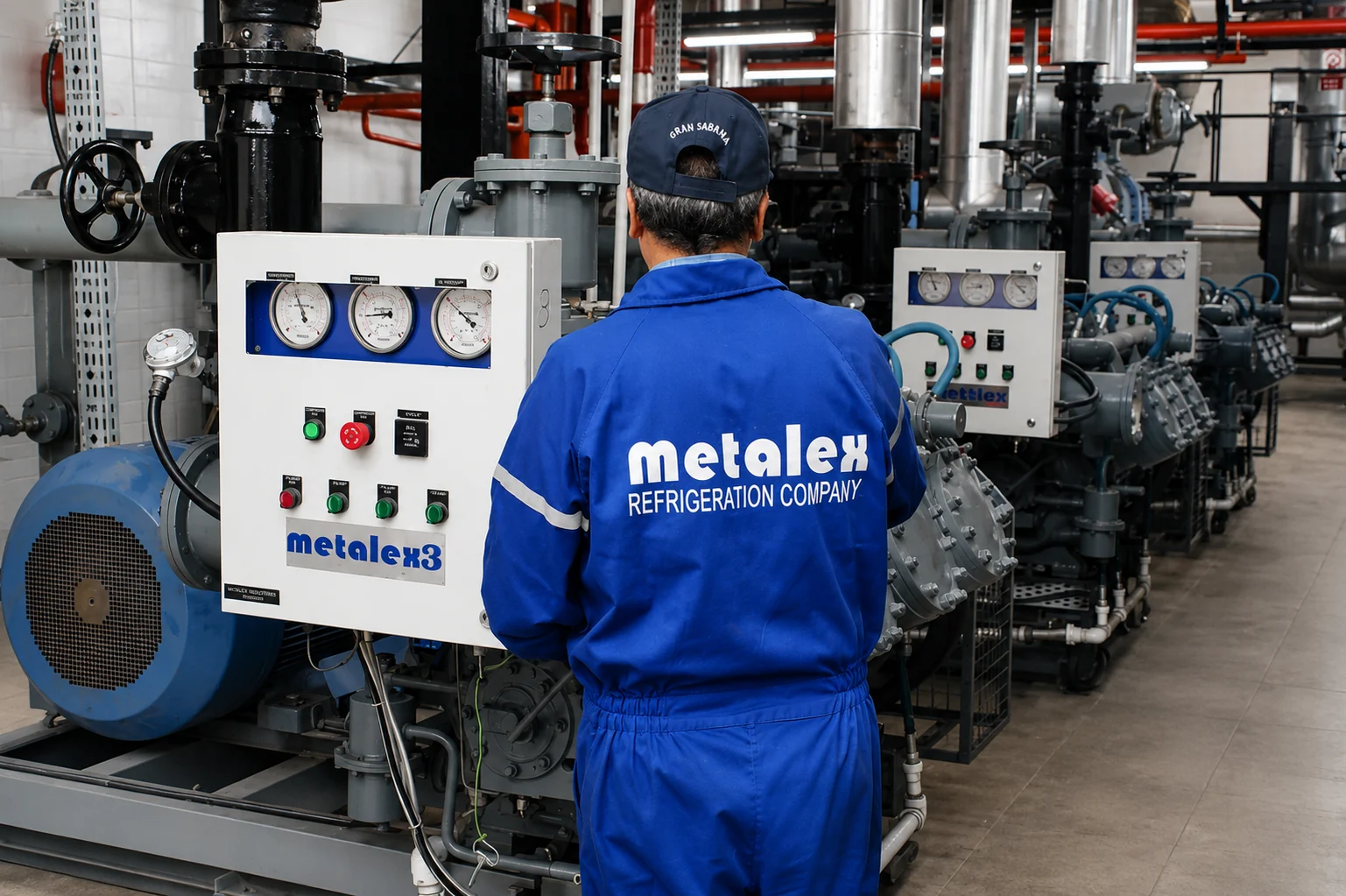 Refrigeration service technician performing maintenance on an ammonia compressor system