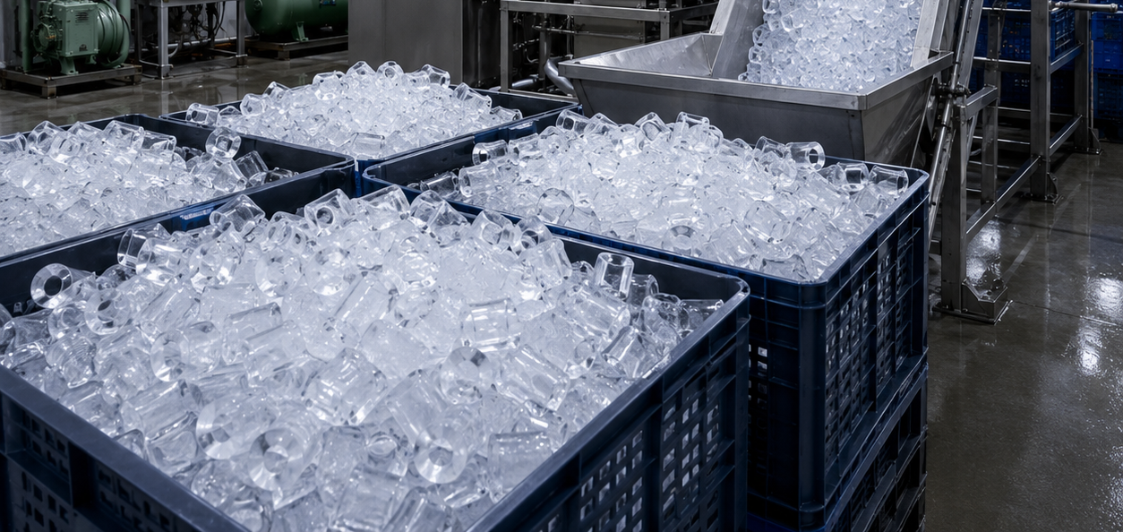 Industrial ice production and bagging