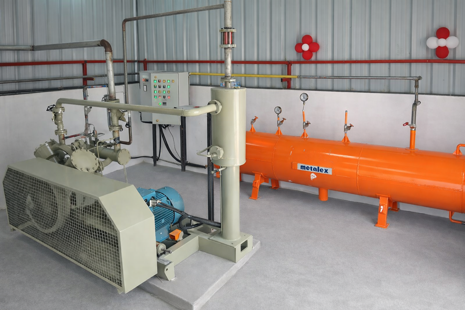 Industrial ammonia refrigeration pressure vessel system layout showing receivers piping valves and connected plant equipment
